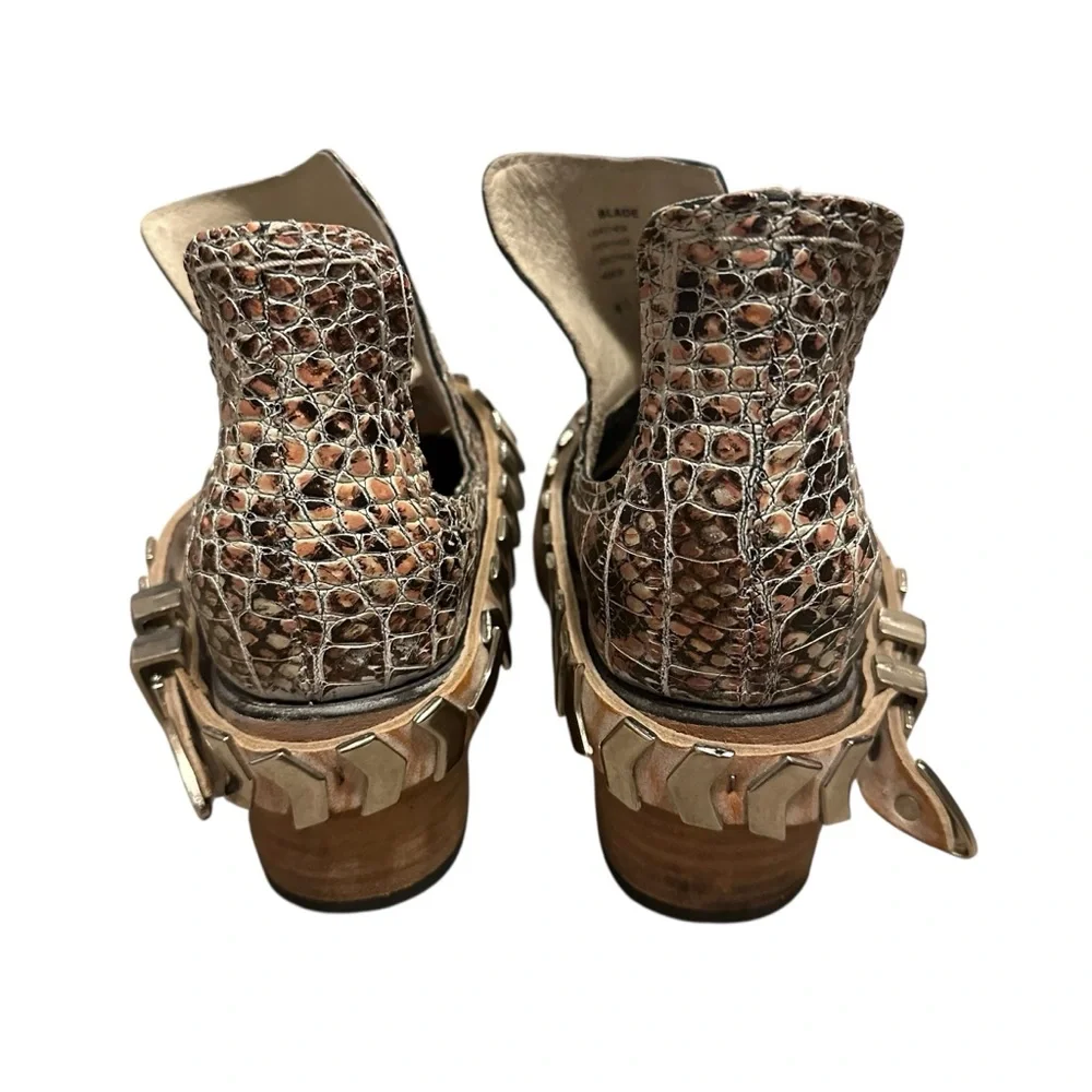 FREEBIRD by Steven Pink Blade Croc Embossed Studded Block Heel Ankle Bootie - Picture 4 of 12